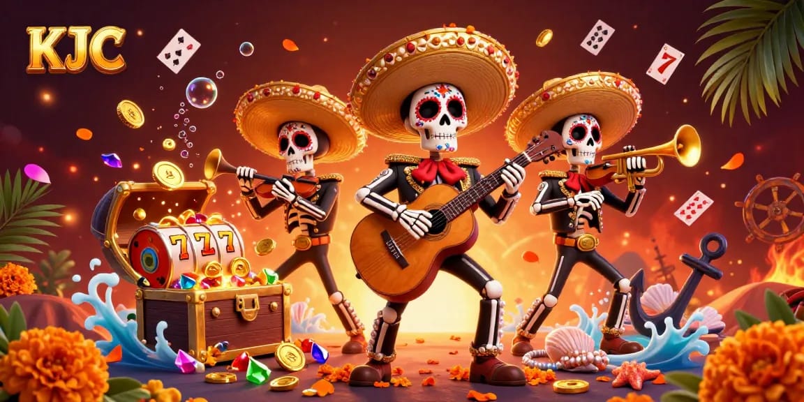 KJC promotes strategic gameplay with vibrant visuals of a colorful casino scene featuring members of a mariachi band.