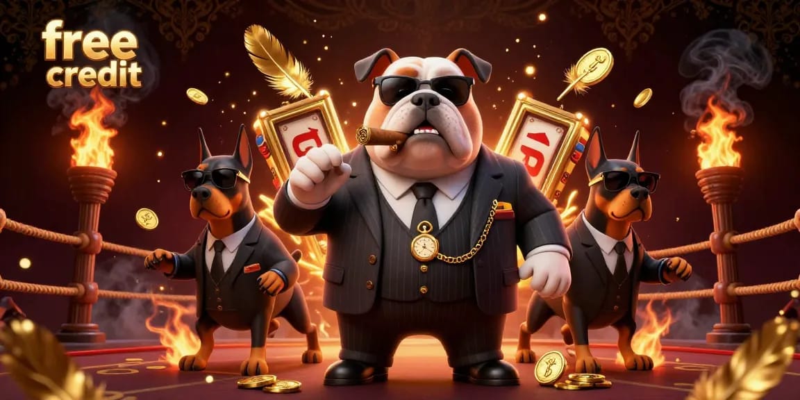Experience thrilling free credit bonuses at the online casino with a mafia boss and his protectors in a vibrant atmosphere.