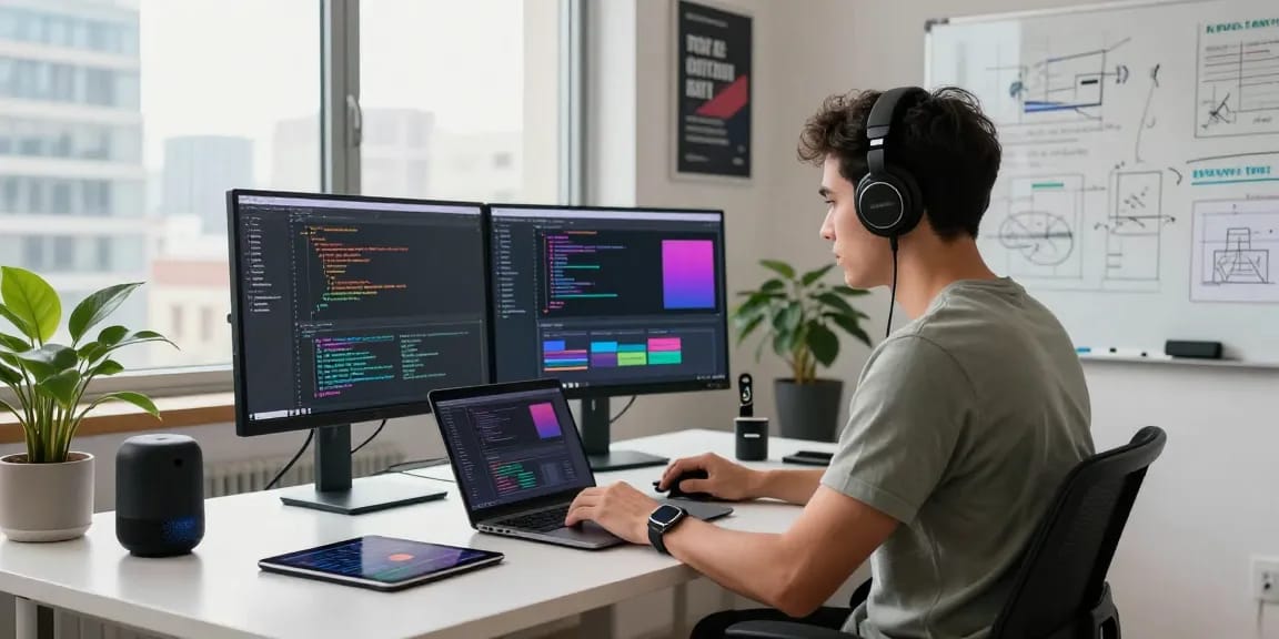 Workspace showcasing the developer focused on coding, embodying the WPS Official Website atmosphere with tech gadgets and city views.
