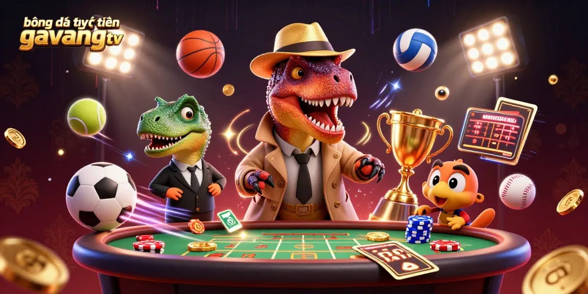 Bóng đá trực tuyến gavangtv showcases a vibrant, dynamic sports betting scene with dinosaurs at play.
