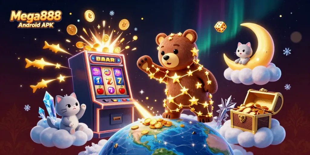Play Mega888 Android APK with an engaging 3D scene of characters and casino elements in action.