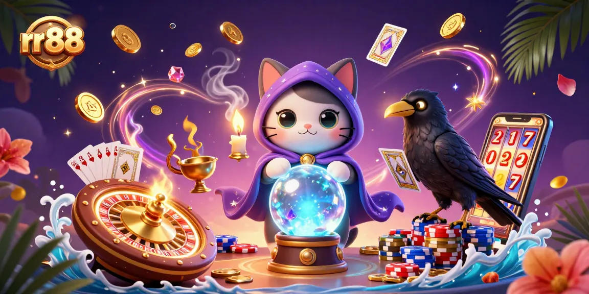 Experience the excitement of rr 88 with a charming cat and mystical elements in a dynamic casino scene.