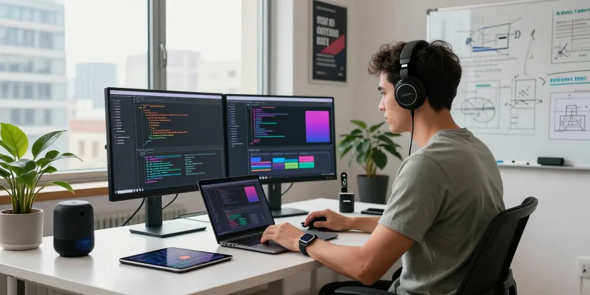 Workspace showcasing the developer focused on coding, embodying the WPS Official Website atmosphere with tech gadgets and city views.