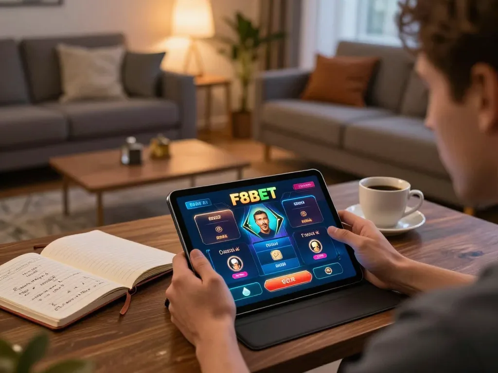 Player strategizing while using the F8BET casino app on a tablet in a cozy living room.