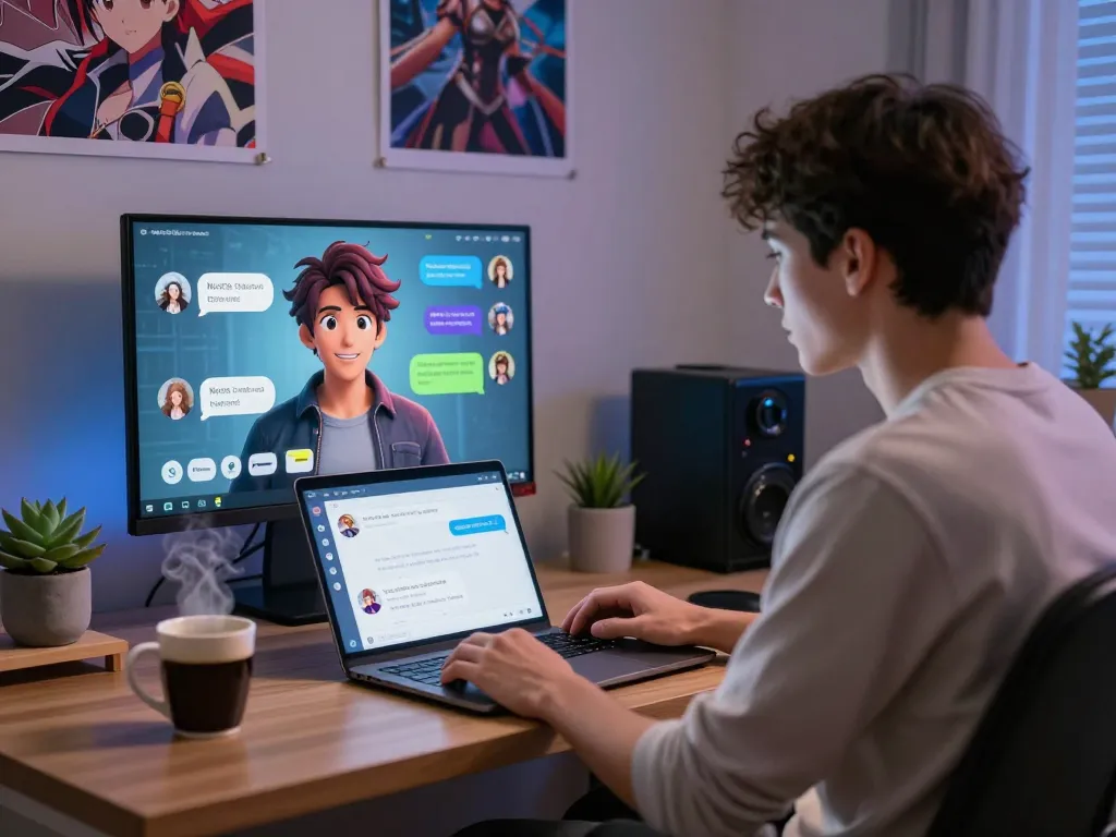 Engaging ai chat nsfw interaction in a relaxed home office setting with a digital avatar.