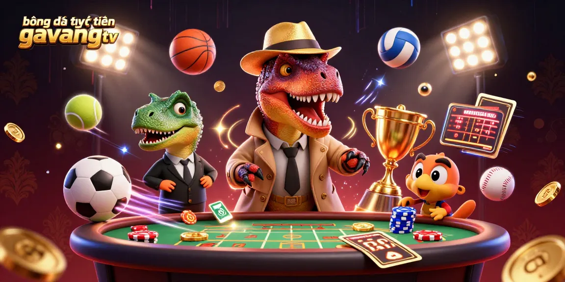 Bóng đá trực tuyến gavangtv showcases a vibrant, dynamic sports betting scene with dinosaurs at play.