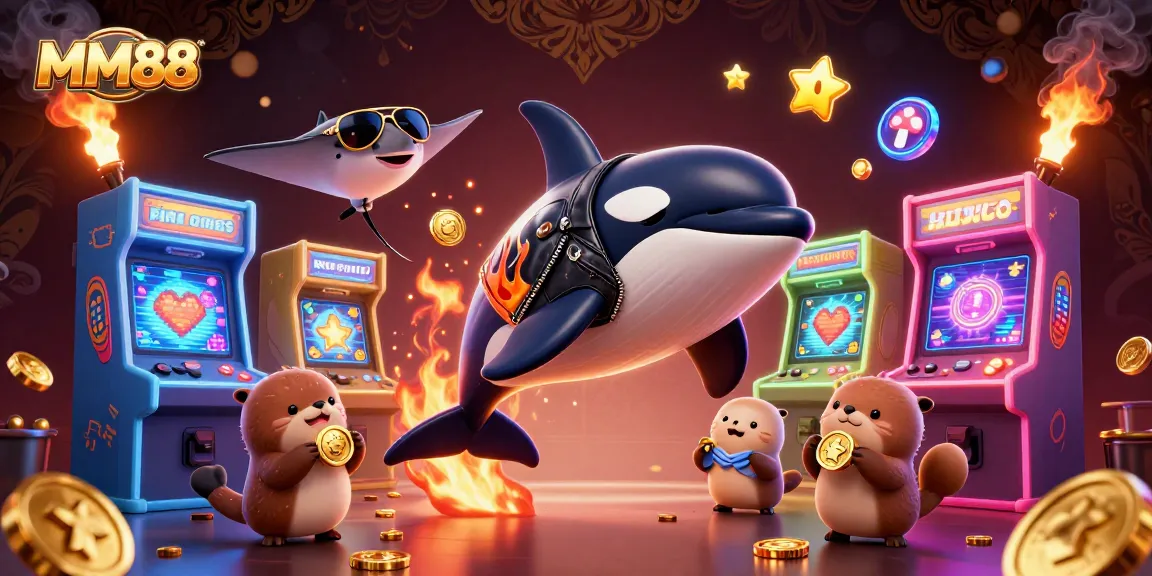 Experience the excitement with MM88's dynamic gaming scene featuring colorful characters and vibrant casino elements.