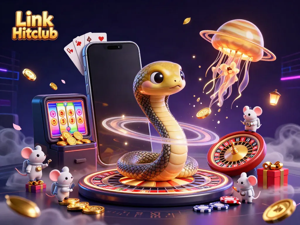 Engaging scene of Link Hitclub featuring a cosmic dealer and astronaut mice betting on a roulette wheel of rings.