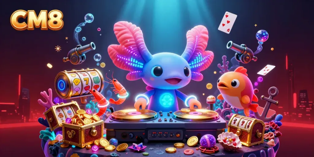 Engage with CM8's vibrant gaming scene, featuring a colorful axolotl DJ and lively underwater elements.
