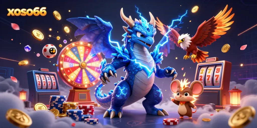 Spin to win with xoso66 as golden coins and lottery balls scatter in a dynamic gaming scene.