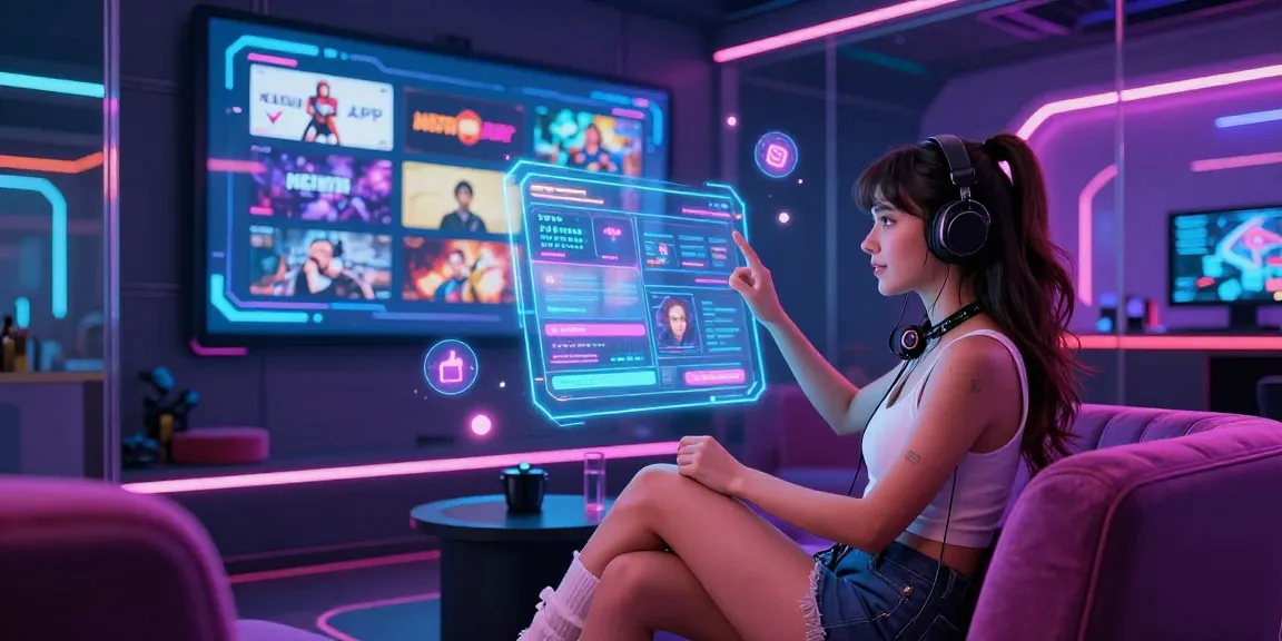 Interactive NSFW APK scene featuring a character in a cyberpunk lounge exploring the latest adult games.