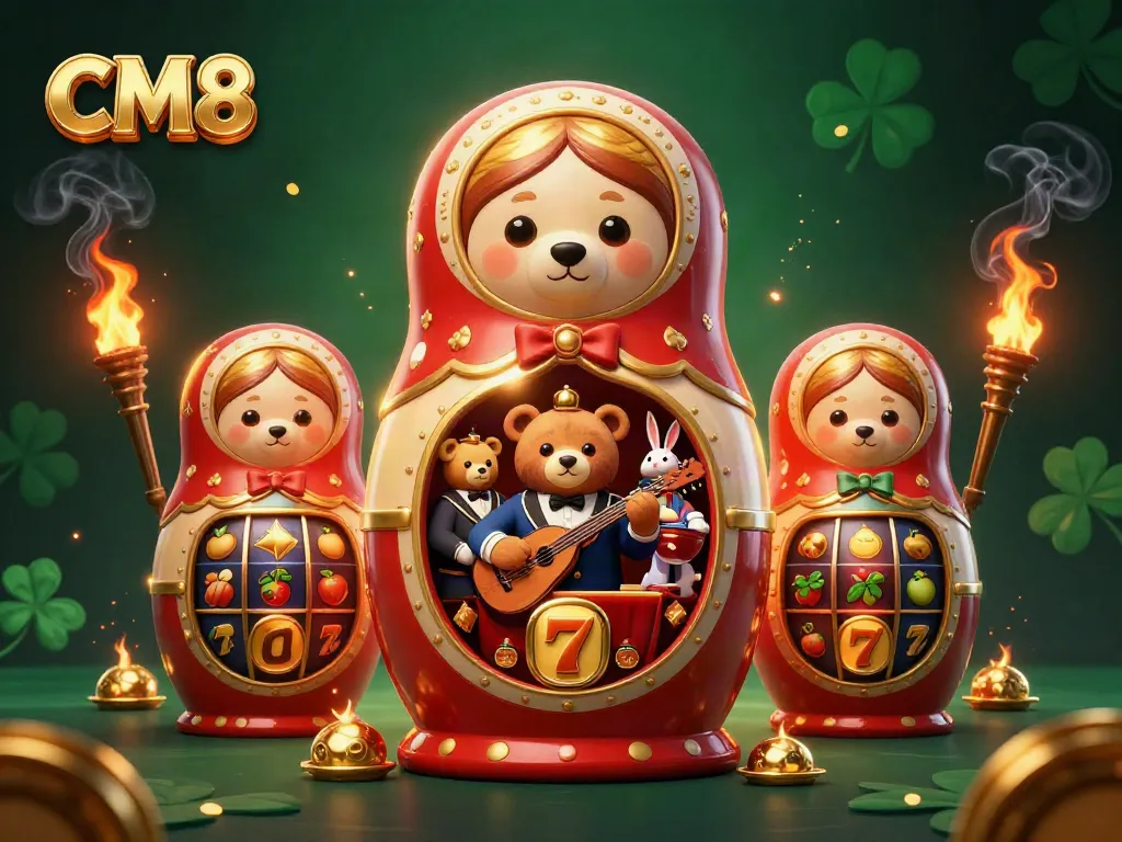 Spin the reels with CM8's vibrant casino scene featuring winning bears and jackpot symbols.
