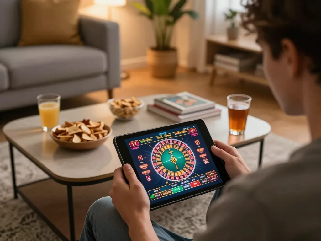 Player exploring RR88 roulette game on tablet in cozy home setting with snacks.