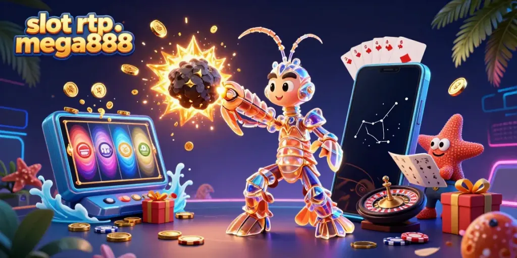 Experience slot RTP mega888 with galactic samurai shrimp amidst a vibrant casino galaxy.