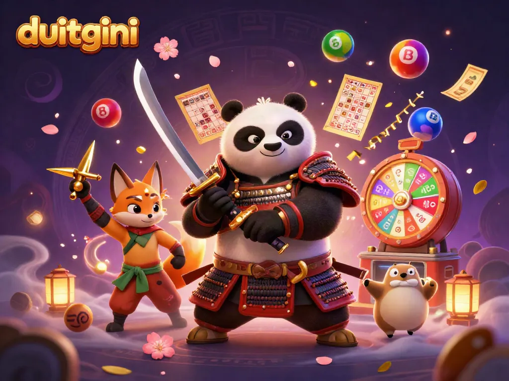 Experience the excitement of duitgini with a dynamic 3D gaming illustration featuring samurai panda and ninja fox.
