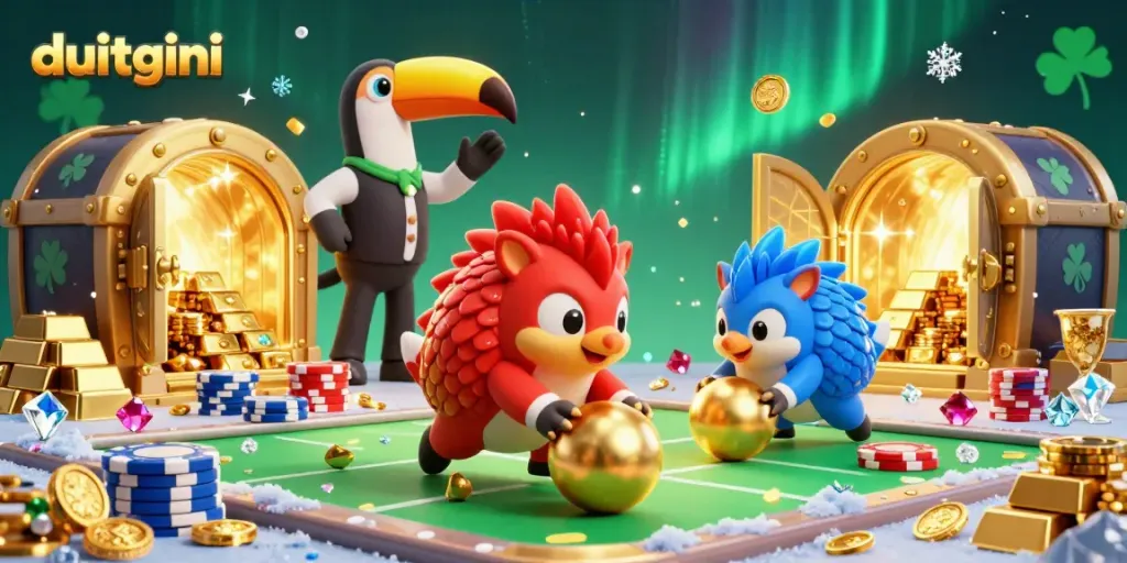 Rival pangolins playfully bowling through poker chips at Duitgini, showcasing festive gold treasures.