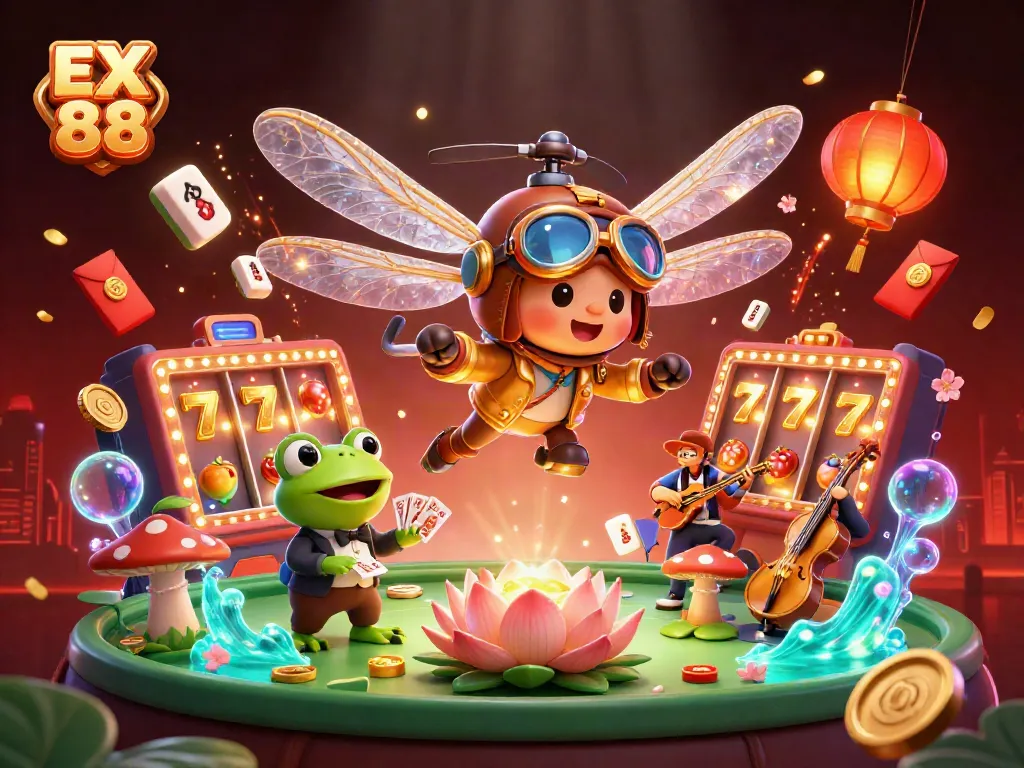 Engage with EX 88 at a vibrant lily pad casino with dynamic characters and slot symbols.