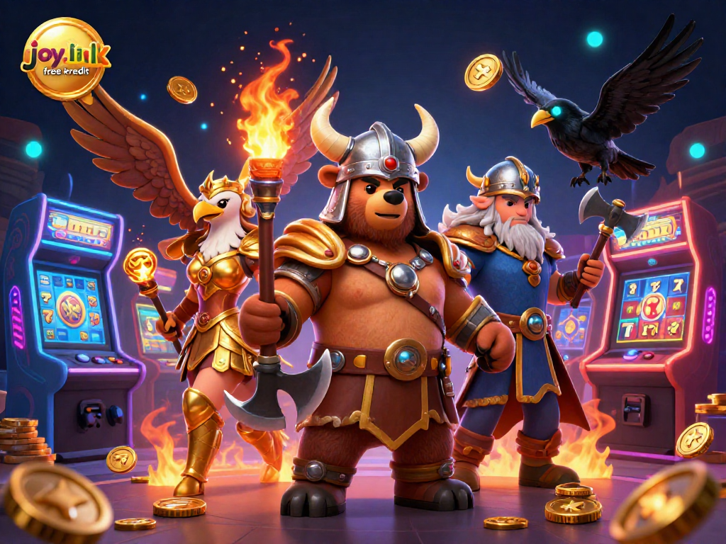 Experience the thrill of joy.link free kredit with cartoon Viking bear and Valkyrie in a vibrant casino scene.