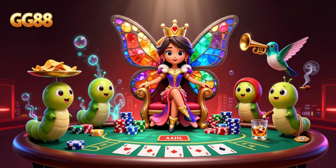 Engage with GG88's vibrant online gaming world through a cartoonish 3D scene filled with poker elements.