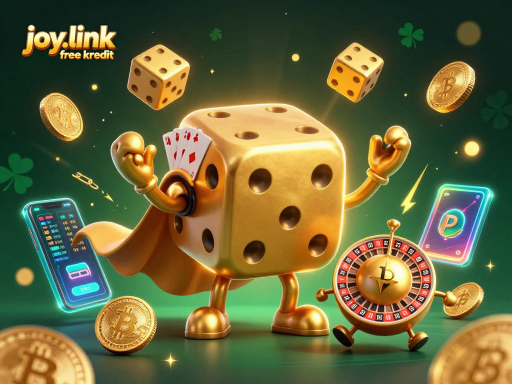 Experience joy.link free kredit with dynamic golden dice golem and cryptocurrency-themed visuals.
