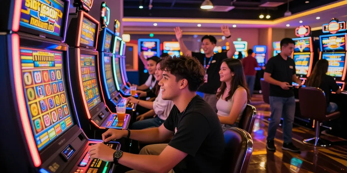 Exciting casino scene featuring friends playing slot gacor malam ini, vibrant atmosphere, colorful lighting.