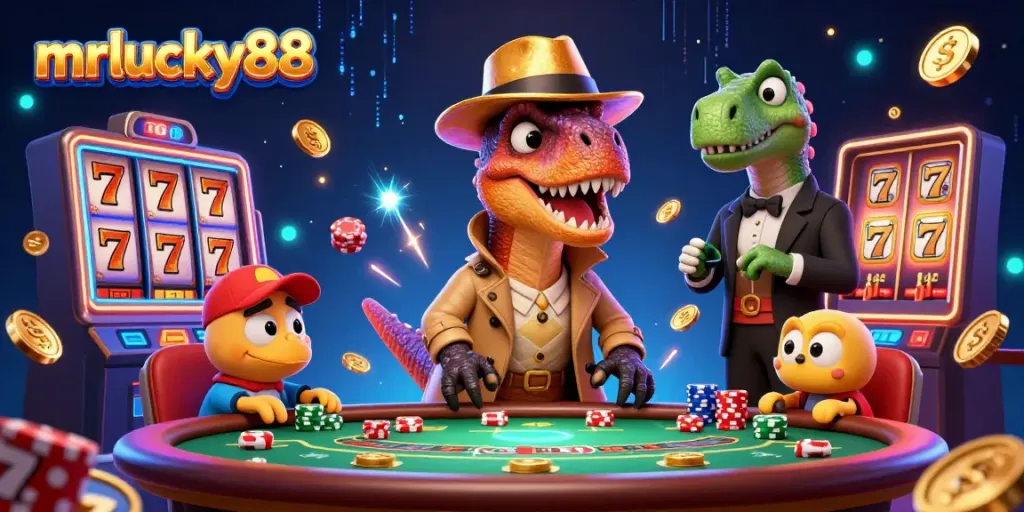 Experience the thrill of mrlucky88 with animated characters playing casino games in a vibrant scene.