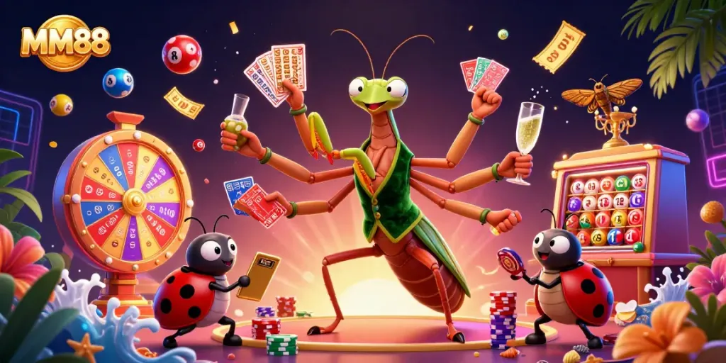 Engaging MM88 scene with a giant praying mantis and ladybug pit boss surrounded by dynamic casino elements.