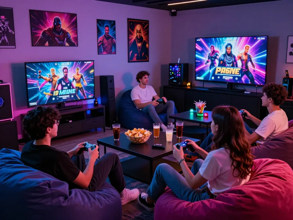 Friends enjoying gay porn games together in a vibrant gaming room.