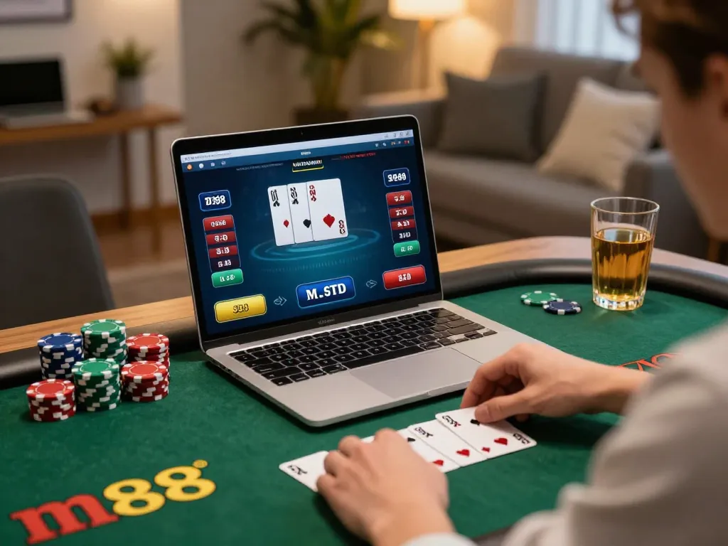 Engaging in an m88 casino online poker match with cards and chips from a cozy home setup.
