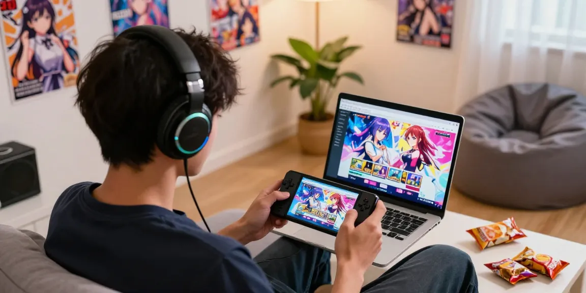 Gamer enjoying an ecchi game on a portable device in a vibrant and cozy room with colorful character artwork.