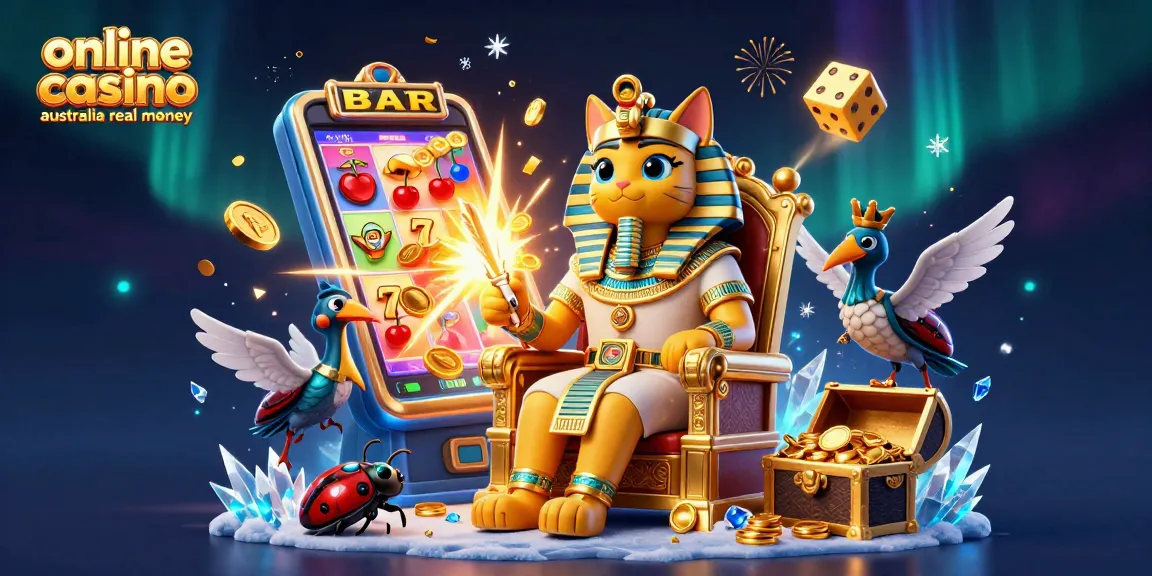 Play at the online casino Australia real money with vibrant 3D illustration of exciting gaming elements.