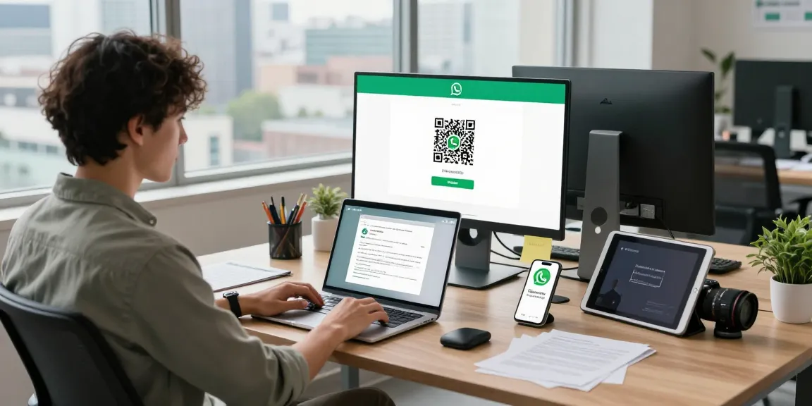 Using WhatsApp電腦版 on a modern desktop setup in a bright office.