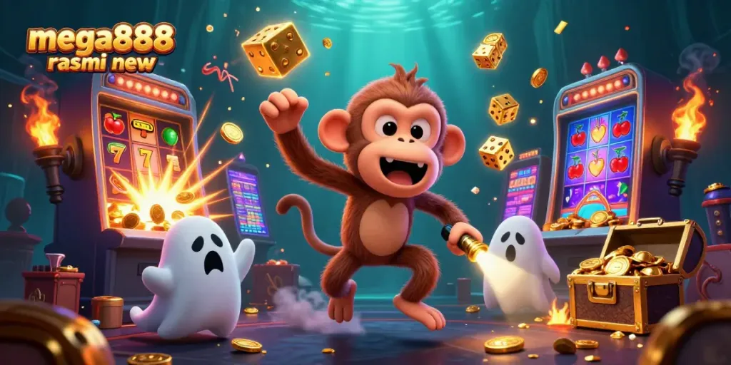 Engage with mega888 rasmi new, featuring a playful poltergeist monkey and ghost-hunter puppy in a vibrant casino scene.