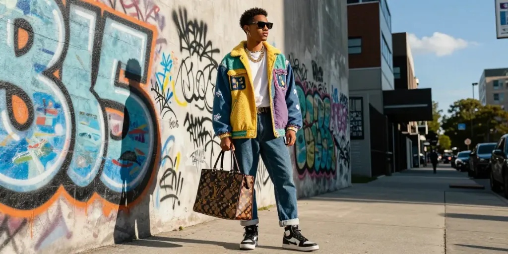 Fashionable individual showcasing rokok 88-inspired streetwear against an urban backdrop.