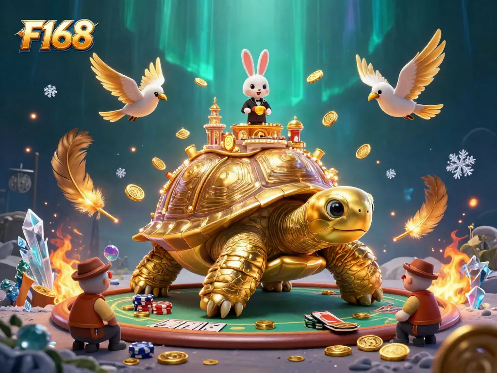 Experience thrilling F168 poker action with a giant tortoise casino and rabbit dealer. Bet your way to victory!