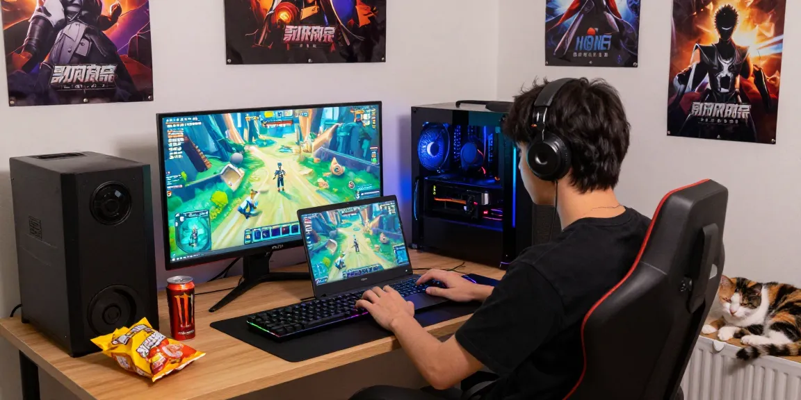 Engaging gaming session with hentaigame displayed on a bright screen, cozy gaming setup.