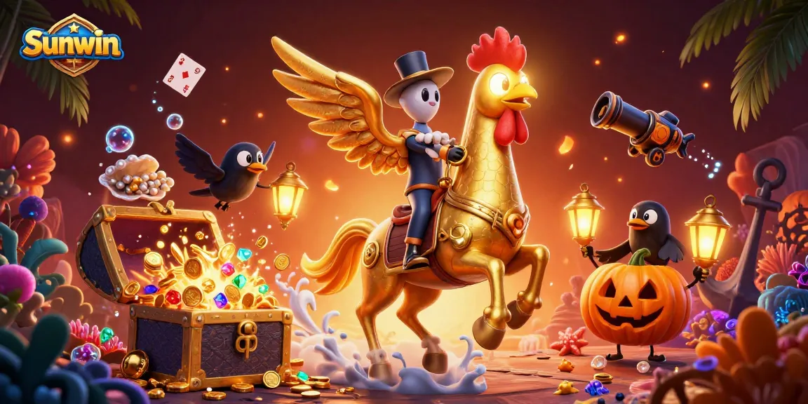 Experience the excitement at Sunwin with golden rooster characters in a vibrant online casino atmosphere.