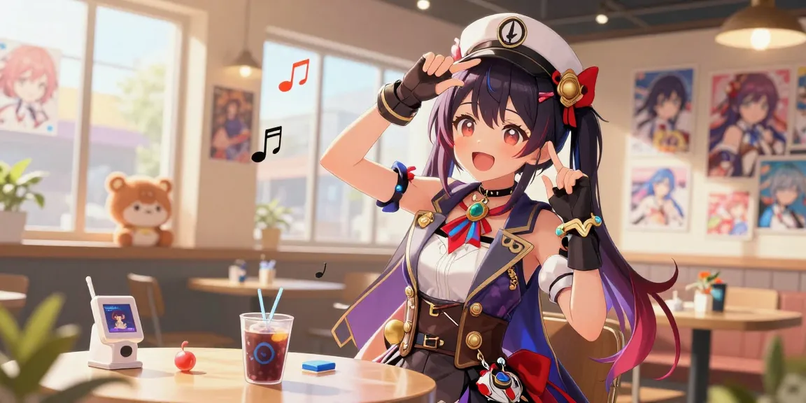 ai ecchi character enjoying vibrant café atmosphere with playful expressions