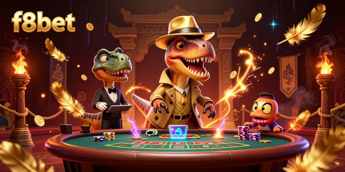 F8BET features a cartoon velociraptor stealthily counting cards at a blackjack table, emphasizing gaming strategy.