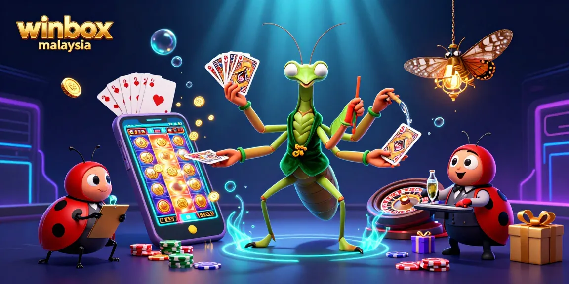 Experience the excitement of winbox malaysia with a giant praying mantis card sharp and ladybug pit boss amidst an array of vibrant casino elements.