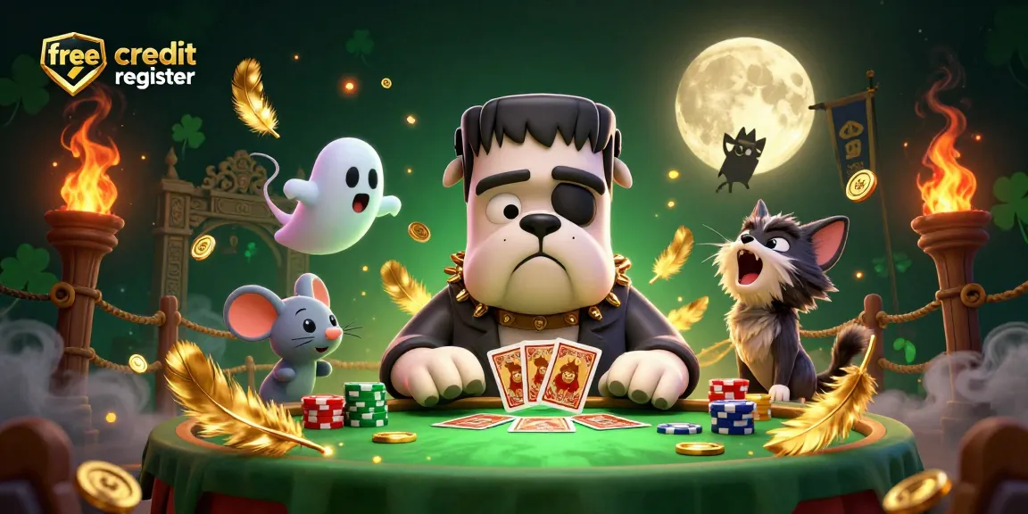 Win big with free credit register at an animated casino scene featuring vibrant game elements.