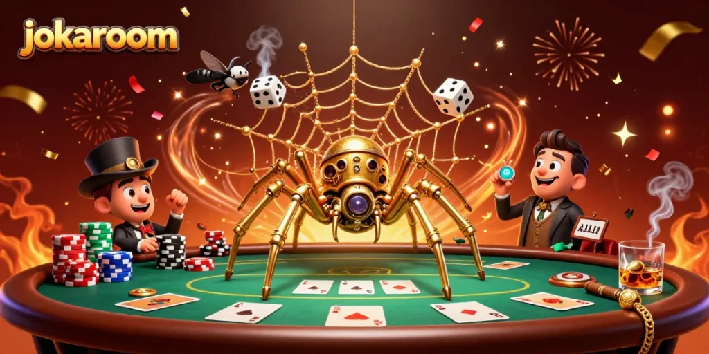 Catch winning moments at jokaroom with a vibrant 3D casino illustration featuring dynamic game elements.