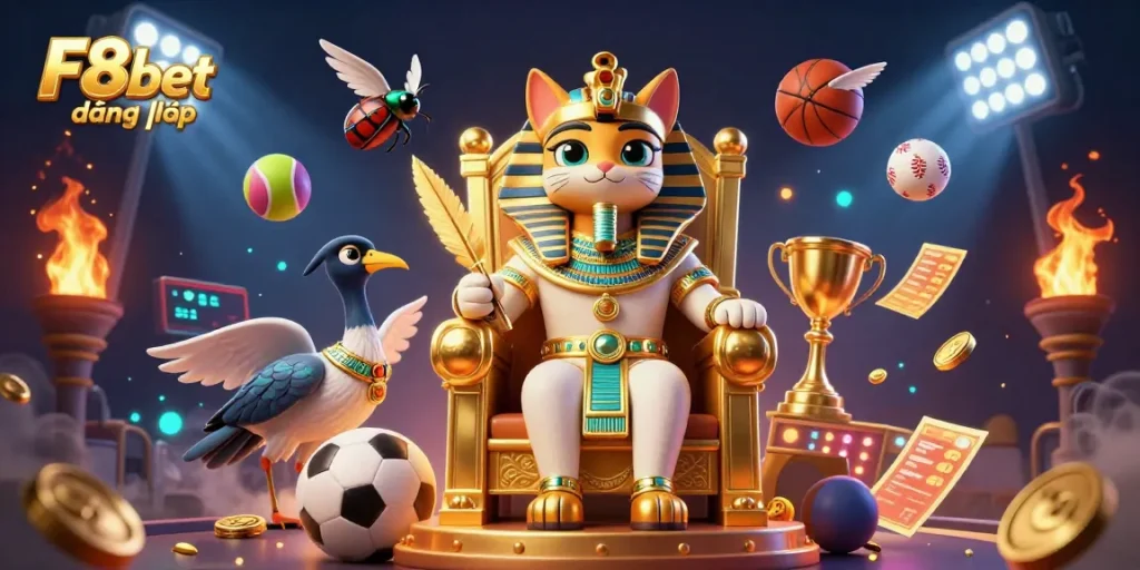 Experience the thrill of F8bet đăng nhập with an energetic 3D casino scene, showing vibrant sports betting elements.