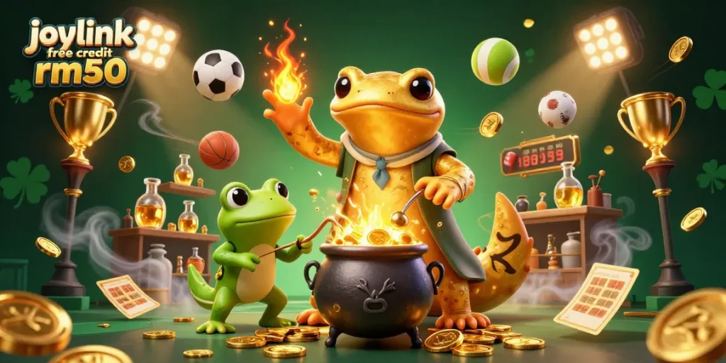 Experience the joylink free credit rm50 by winning golden coins in a vibrant sports-themed casino scene.