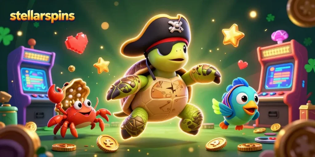 Engage with stellarspins as a pirate turtle, treasure crabs, and vibrant gaming tech collide in this vivid illustration.