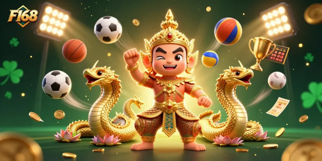 Experience thrilling gaming action at F168 with dynamic sports elements and a mystical guardian.